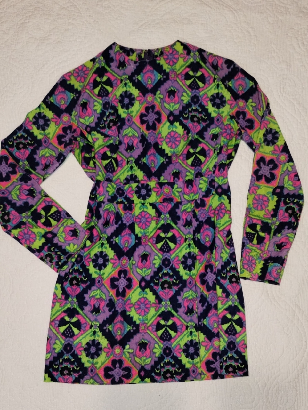 1960s Vibrant Floral Geometric Long Sleeve Mini Dress - Multicolor